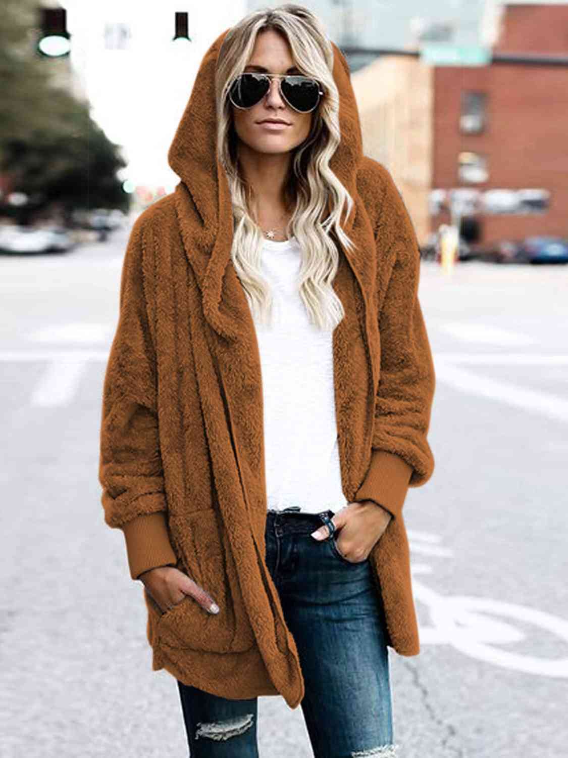 Teddy Hooded Jacket with Pockets - Trendsi - Flyclothing LLC