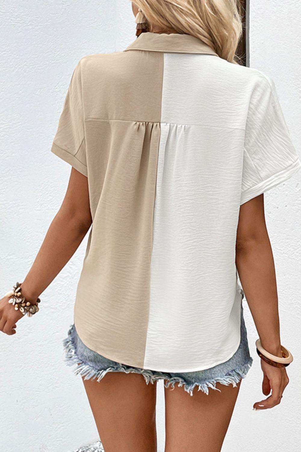 Two-Tone Contrast Short Sleeve Shirt - Trendsi - Flyclothing LLC