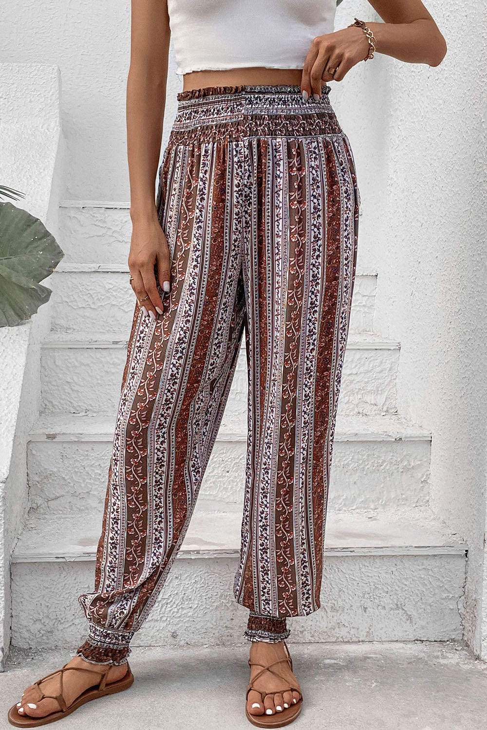 Smocked Printed High Waist Pants - Trendsi