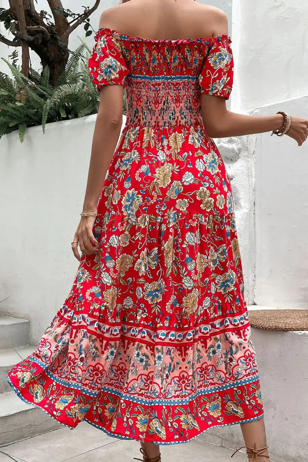 Floral Off-Shoulder Smocked Midi Dress - Trendsi - Flyclothing LLC