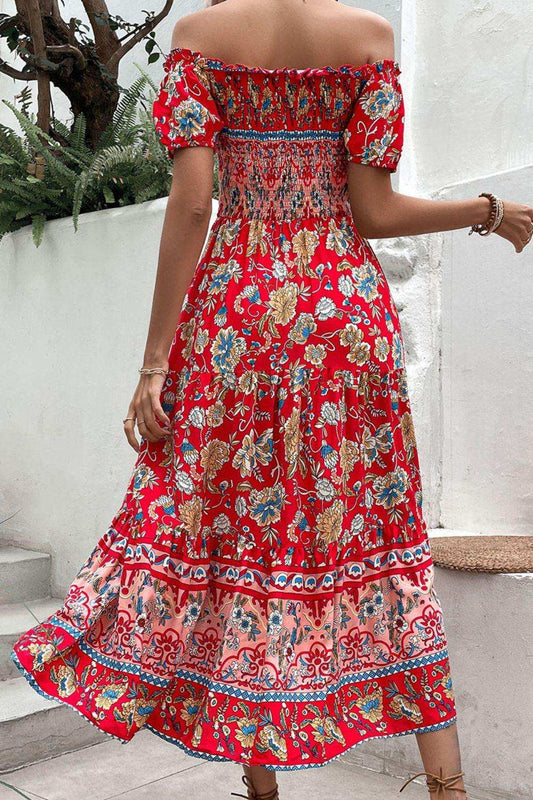 Floral Off-Shoulder Smocked Midi Dress - Trendsi - Flyclothing LLC