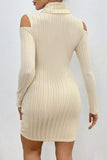 Ribbed Turtleneck Cold Shoulder Long Sleeve Mini Dress - Trendsi