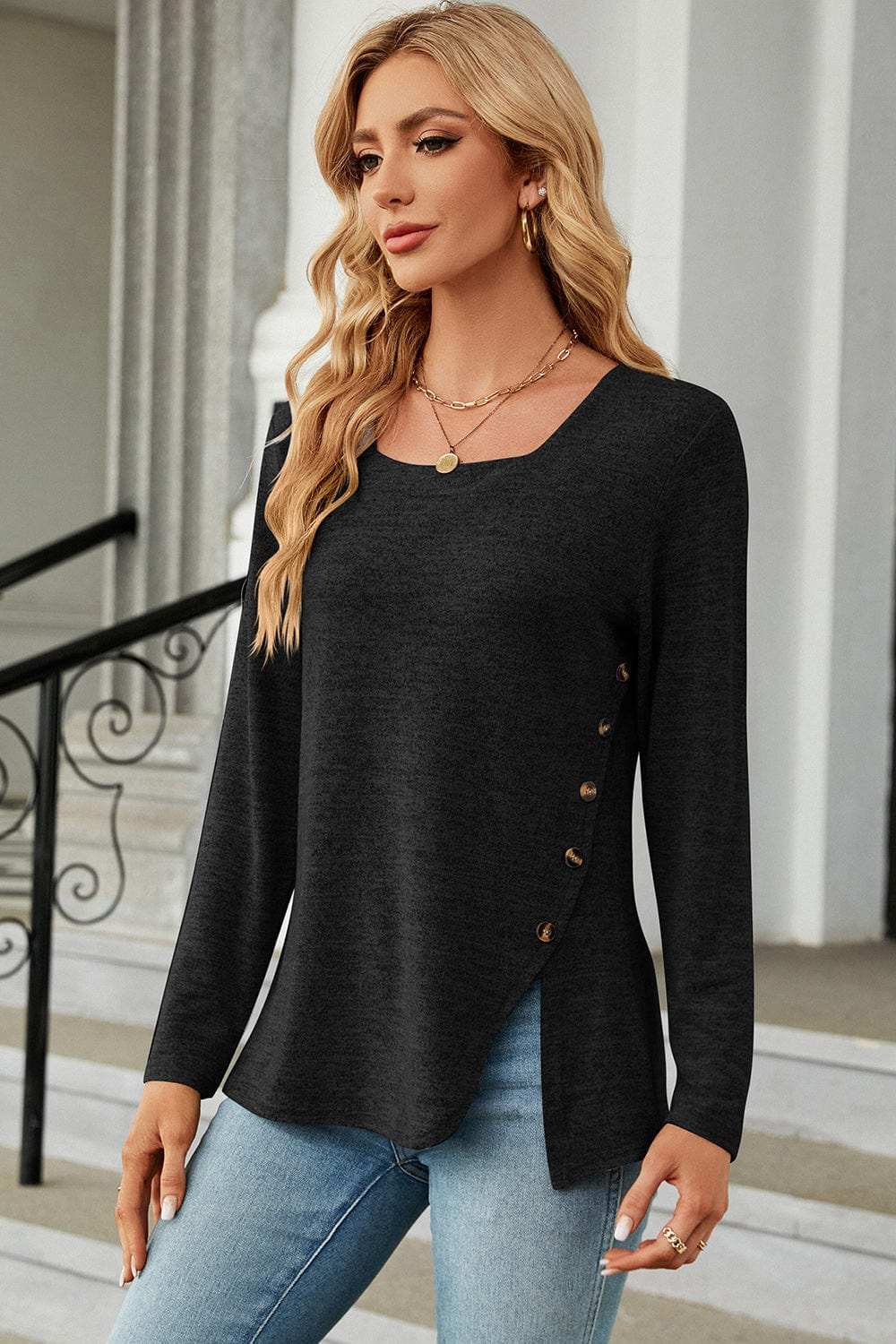 Slit Decorative Button Square Neck T-Shirt - Trendsi - Flyclothing LLC