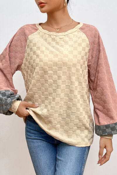 Checkered Contrast Round Neck Long Sleeve T-Shirt - Trendsi - Flyclothing LLC