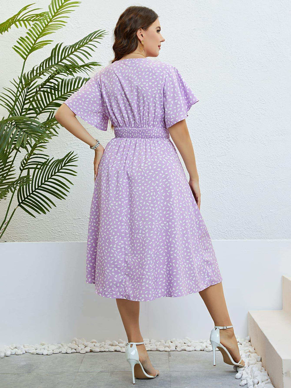 Plus Size Printed Smocked Waist Surplice Dress - Trendsi - Flyclothing LLC