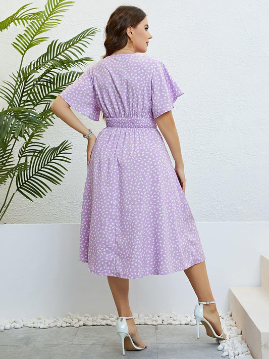 Plus Size Printed Smocked Waist Surplice Dress - Trendsi