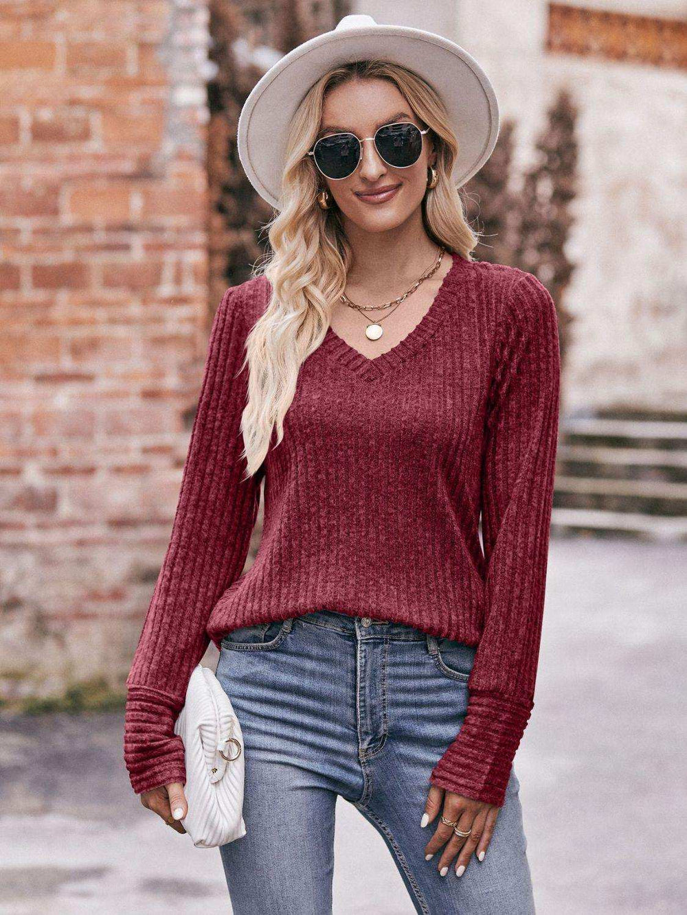V-Neck Long Sleeve Ribbed Top - Trendsi - Flyclothing LLC