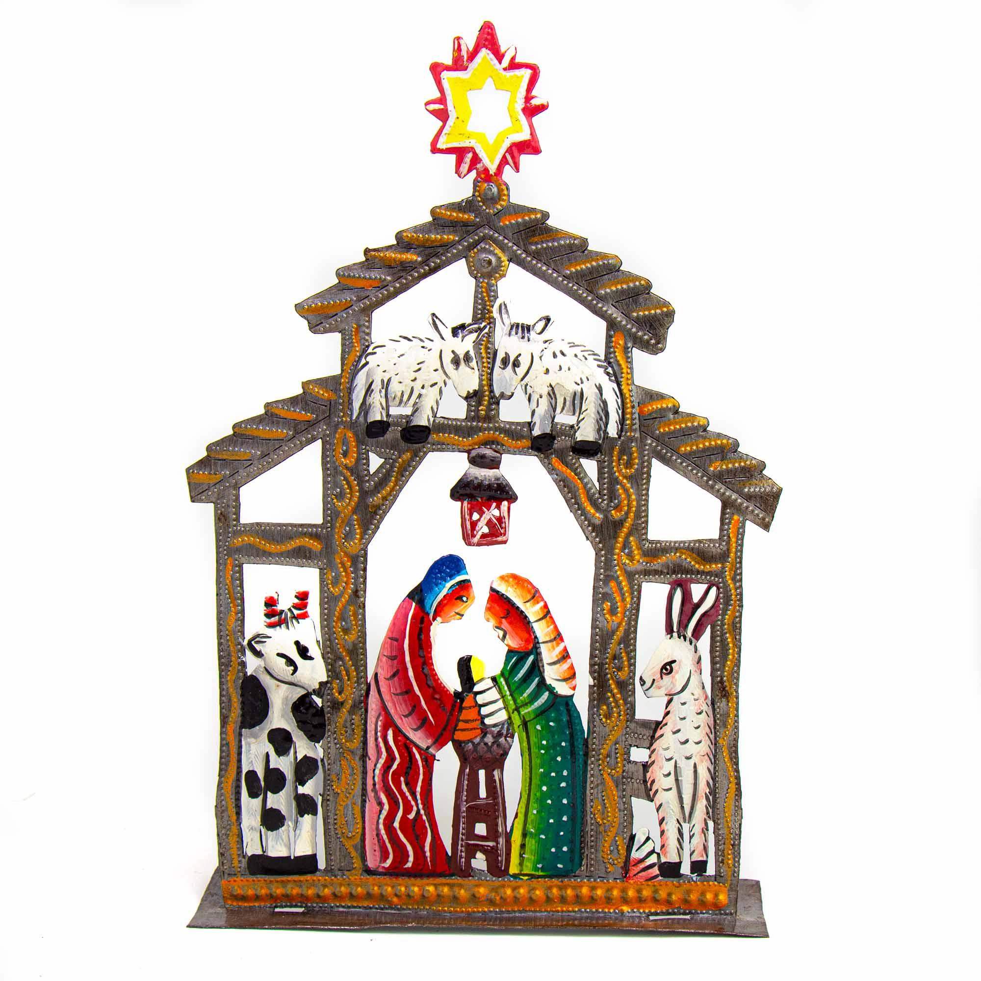 Haitian Metal Drum Tabletop Nativity with Barn Animals - Haitian Artisans - Flyclothing LLC