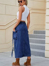 Slit Pocketed High Waist Denim Skirt - Trendsi - Flyclothing LLC