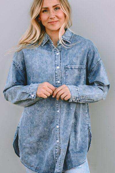Button Up Dropped Shoulder Denim Top - Trendsi - Flyclothing LLC