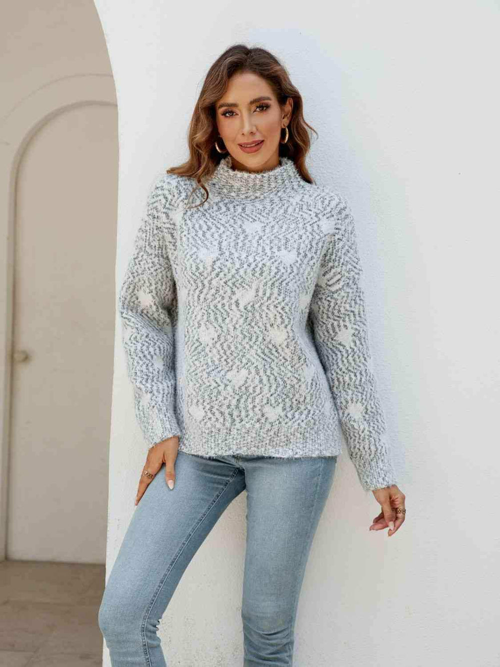 Heart Mock Neck Sweater - Trendsi - Flyclothing LLC