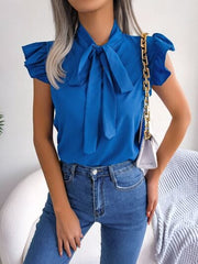 Tie  Neck Cap Sleeve Blouse - Trendsi
