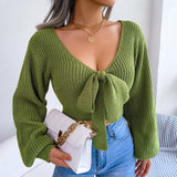 Tie-Front Rib-Knit Cropped Sweater - Trendsi