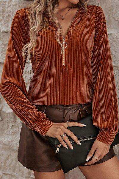 Ribbed Zip Up Long Sleeve T-Shirt - Trendsi - Flyclothing LLC