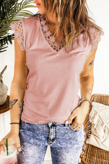 Lace Trim V-Neck Capped Sleeve Top - Flyclothing LLC