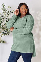 Basic Bae Full Size Ribbed Round Neck Long Sleeve Slit Top - Trendsi - Flyclothing LLC