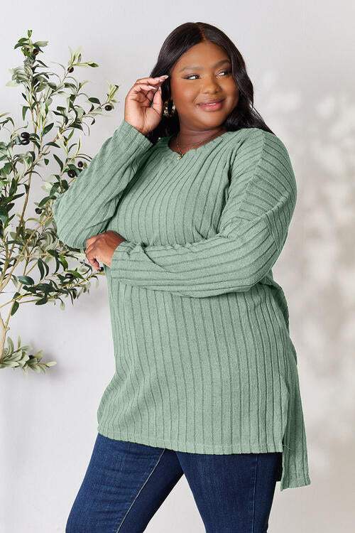 Basic Bae Full Size Ribbed Round Neck Long Sleeve Slit Top - Trendsi - Flyclothing LLC