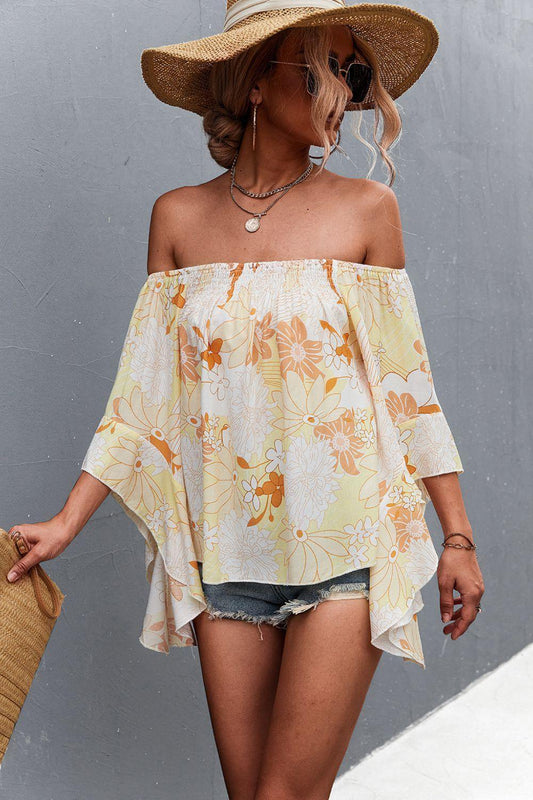Floral Bell Sleeve Off-Shoulder Blouse - Trendsi