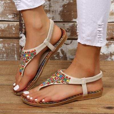 Beaded PU Leather Open Toe Sandals - Trendsi - Flyclothing LLC