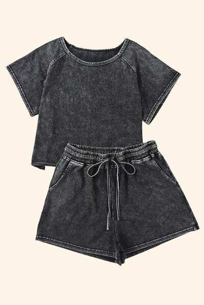 Heathered Round Neck Top and Shorts Lounge Set - Trendsi - Flyclothing LLC