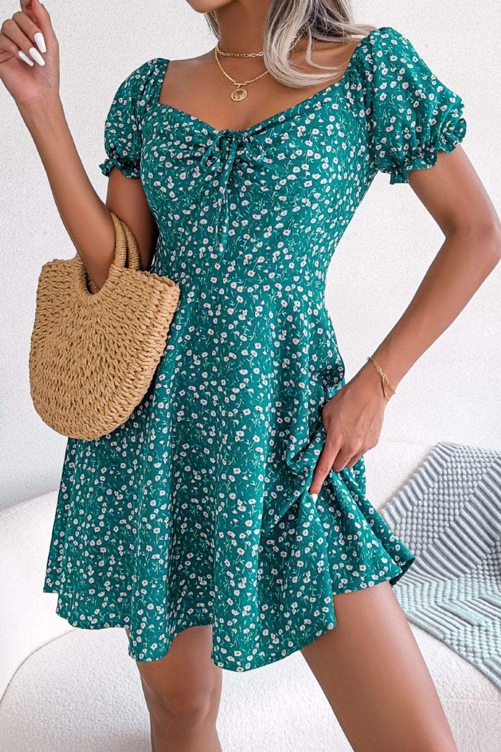 Ditsy Floral Drawstring A-Line Dress - Trendsi - Flyclothing LLC
