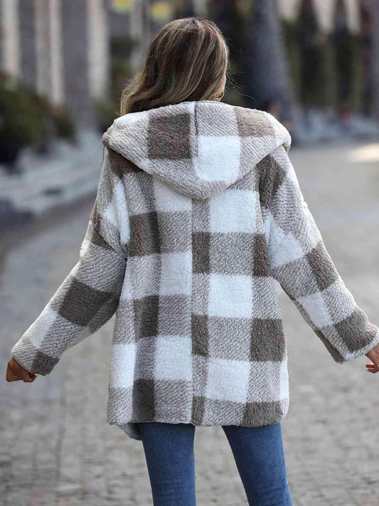 Plaid Open Front Hooded Coat - Trendsi