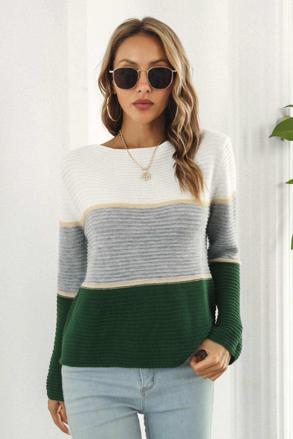 Color Block Horizontal Ribbing Sweater - Trendsi - Flyclothing LLC