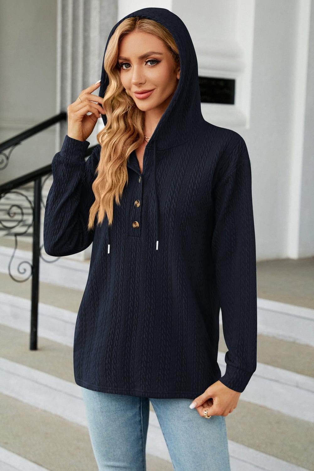 Cable-Knit Long Sleeve Hoodie - Trendsi