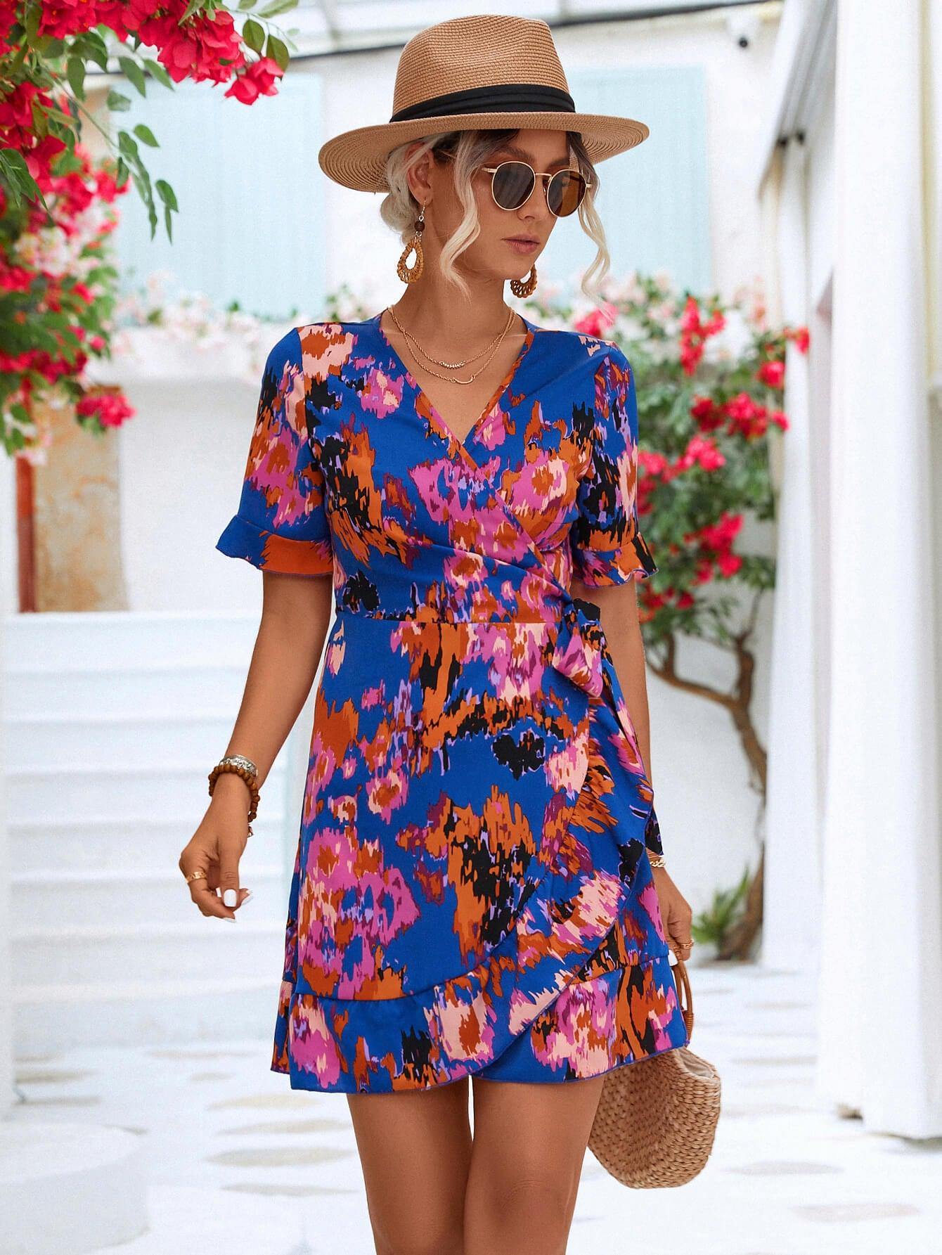 Printed Flounce Sleeve Tied Dress - Flyclothing LLC