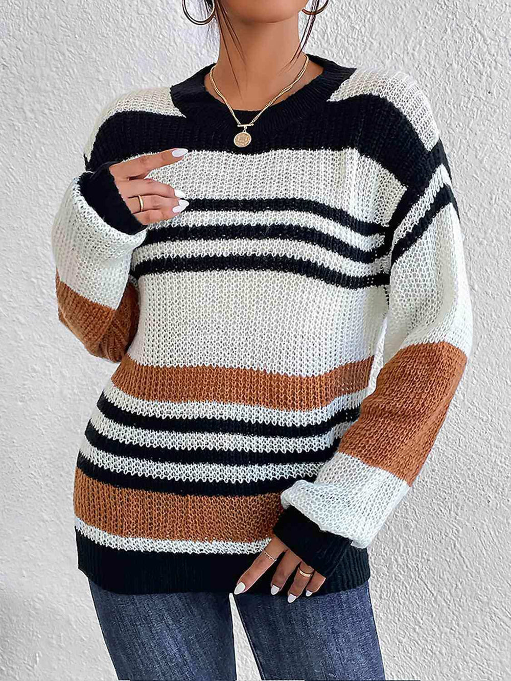 Striped Round Neck Sweater - Trendsi - Flyclothing LLC