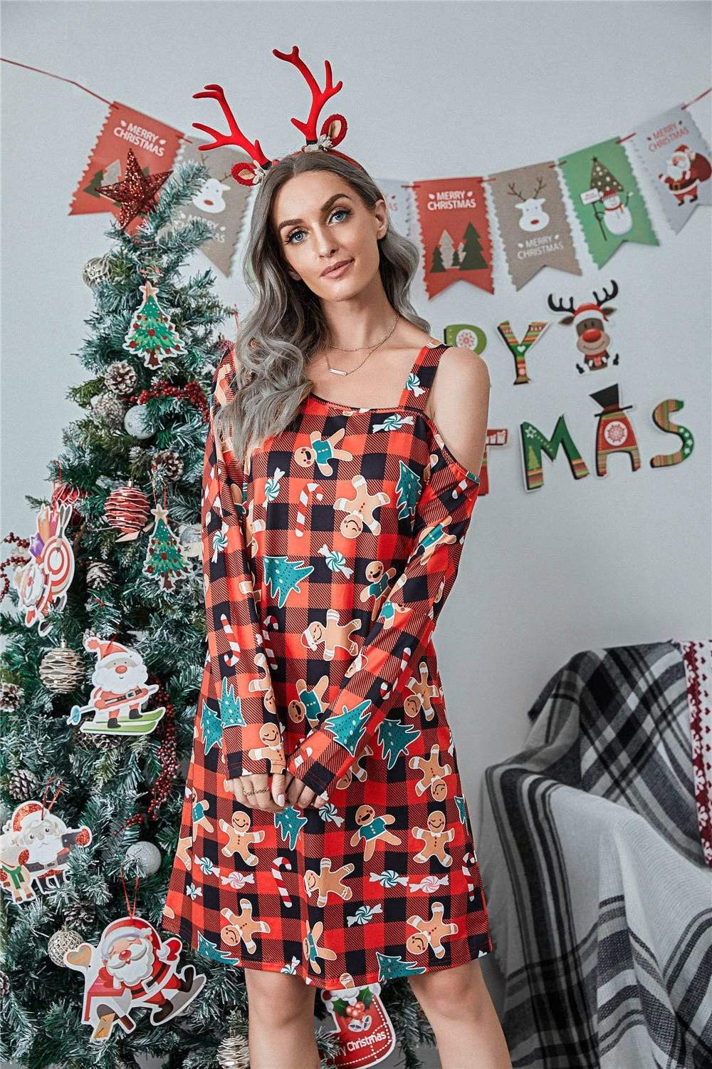 Christmas Asymmetrical Neck Long Sleeve Dress - Trendsi - Flyclothing LLC