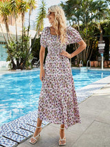 Printed Square Neck Short Sleeve Midi Dress - Trendsi - Flyclothing LLC