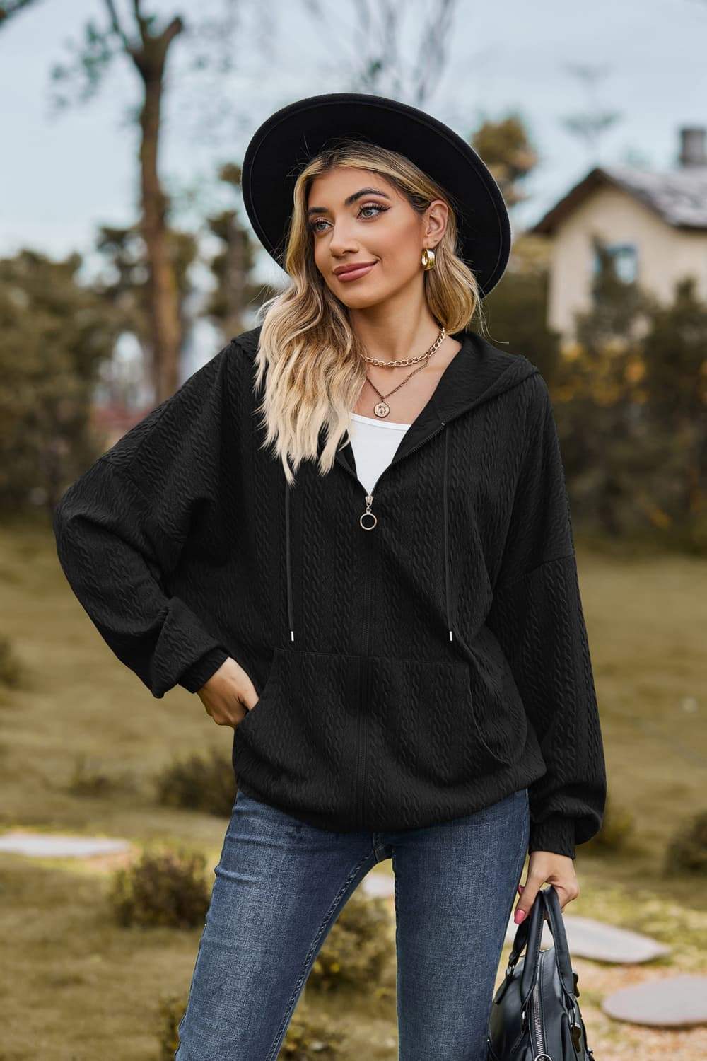 Cable-Knit Long Sleeve Hooded Jacket - Trendsi - Flyclothing LLC
