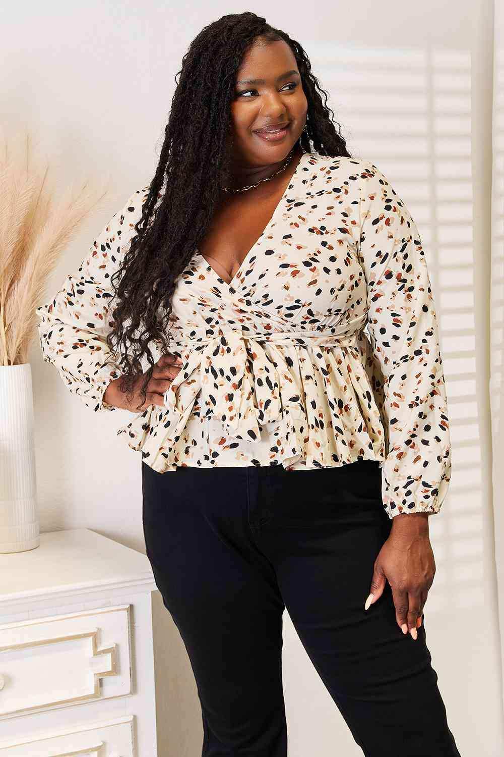 Double Take Printed Tied Plunge Peplum Blouse - Trendsi - Flyclothing LLC