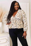 Double Take Printed Tied Plunge Peplum Blouse - Trendsi