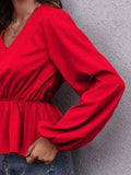 V-Neck Balloon Sleeve Peplum Blouse - Trendsi - Flyclothing LLC