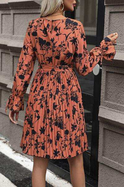 Tie-Waist Printed Pleated Mini Dress - Trendsi - Flyclothing LLC