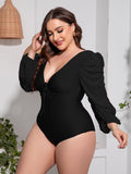 Plus Size Tied Deep V Balloon Sleeve One-Piece Swimsuit - Trendsi