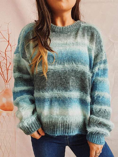 Striped Round Neck Long Sleeve Sweater - Trendsi - Flyclothing LLC