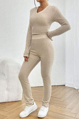 Ribbed V-Neck Long Sleeve Cropped Top and Pants Set - Trendsi - Flyclothing LLC