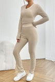 Ribbed V-Neck Long Sleeve Cropped Top and Pants Set - Trendsi
