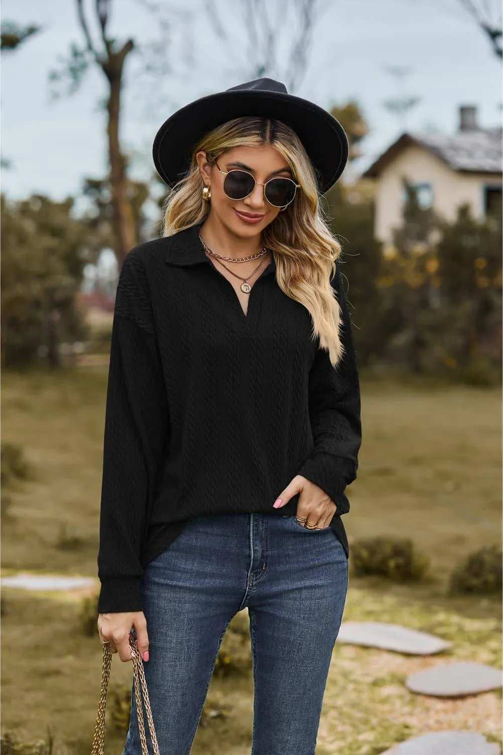 Collared Neck Cable-Knit Long Sleeve Blouse - Trendsi - Flyclothing LLC