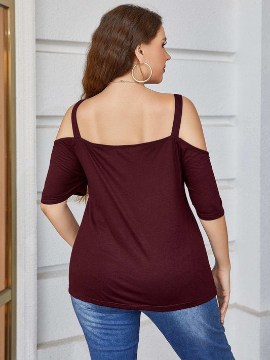 Plus Size V-Neck Cold-Shoulder Blouse - Trendsi - Flyclothing LLC