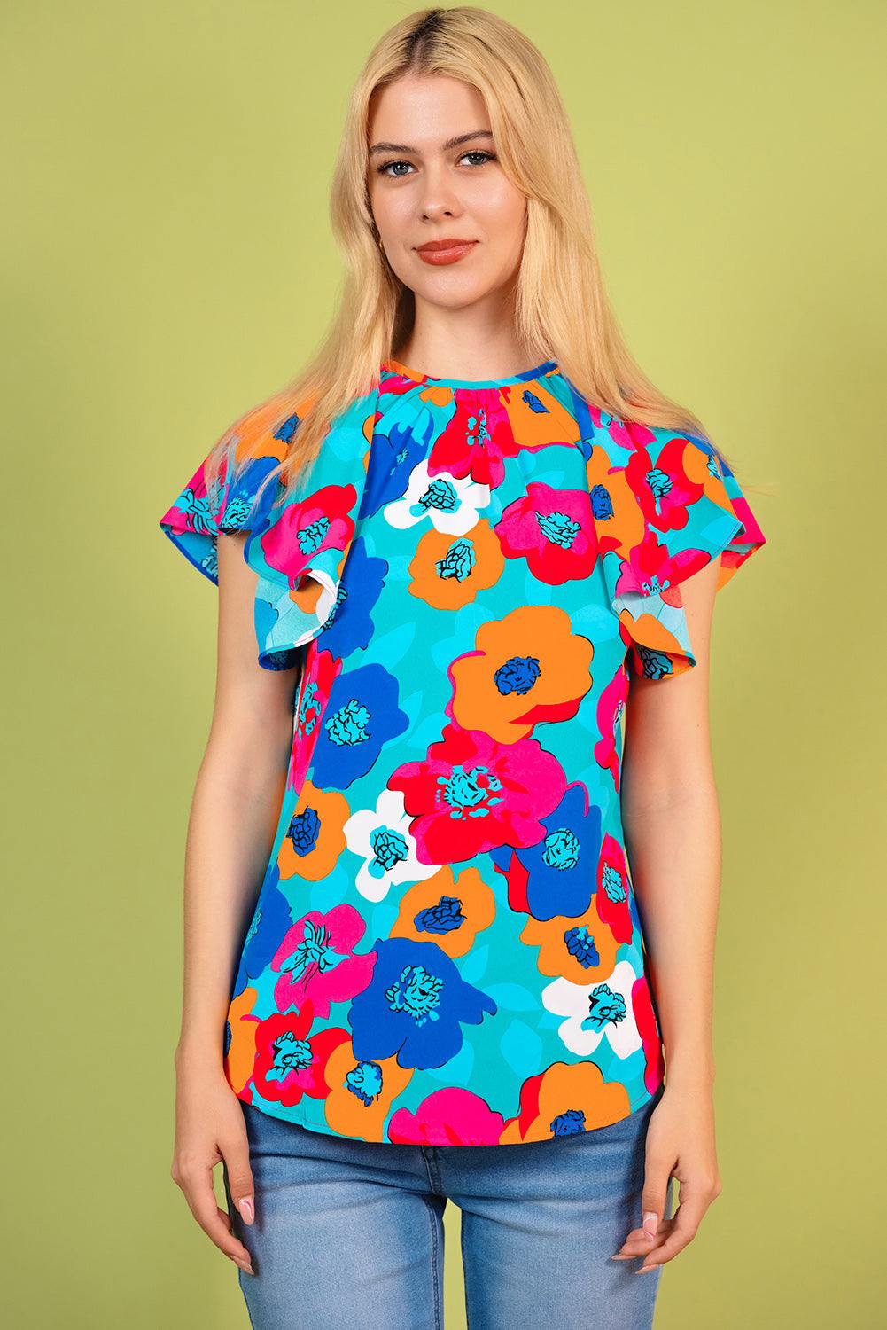 Floral Round Neck Tied Blouse - Trendsi
