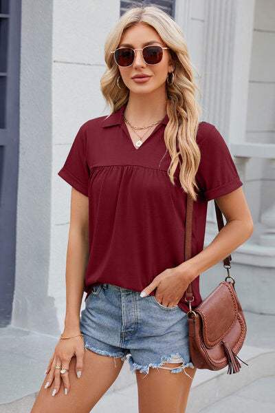 Ruched Johnny Collar Short Sleeve Blouse - Trendsi - Flyclothing LLC