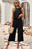 Buttoned Round Neck Tank and Wide Leg Pants Set - Trendsi