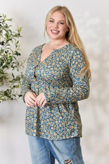 Heimish Full Size Floral Half Button Long Sleeve Blouse - Trendsi