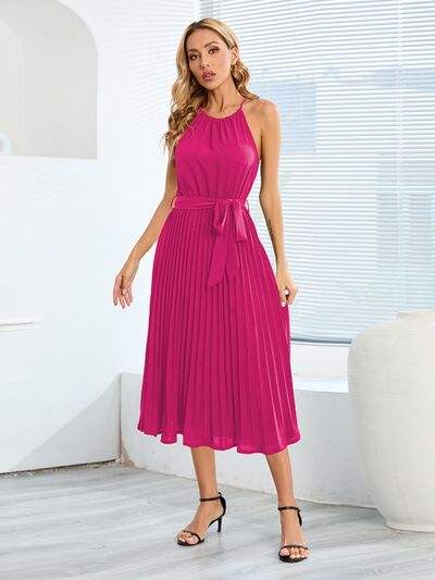Pleated Spaghetti Strap Tie Waist Midi Dress - Trendsi - Flyclothing LLC