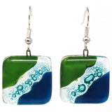 Square Glass Dangle Earrings, Blue Green Waves - Tili Glass - Calypso Glass