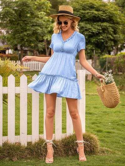 Frill V-Neck Short Sleeve Ruffle Hem Dress - Trendsi - Flyclothing LLC